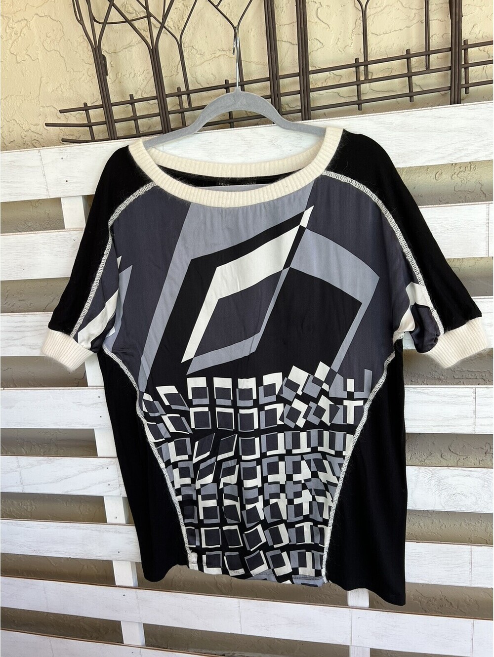Didier Parakian Abstract Black White Gray Silk Blend Top Women Size L.